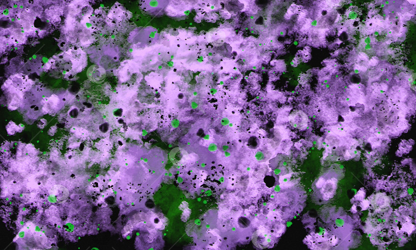 Скачать Абстрактная акварельная текстура. Сиреневые акварельные разводы и зеленые брызги на черном фоне. Абстрактный фон для вашего дизайна. Скопируйте пространство. Иллюстрация. фотосток Ozero