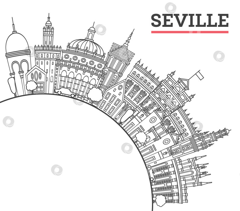 Скачать Обрисуйте горизонт испанского города Севилья с историческими зданиями и скопируйте пространство, выделенное белым цветом. Иллюстрация. Городской пейзаж Севильи с достопримечательностями. фотосток Ozero