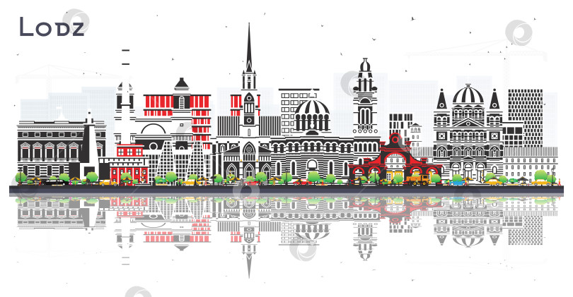 Скачать Панорама польского города Лодзь с цветными зданиями и отражениями, выделенными на белом фоне. Иллюстрация. Городской пейзаж Лодзи с достопримечательностями. Концепция туризма с исторической архитектурой. фотосток Ozero