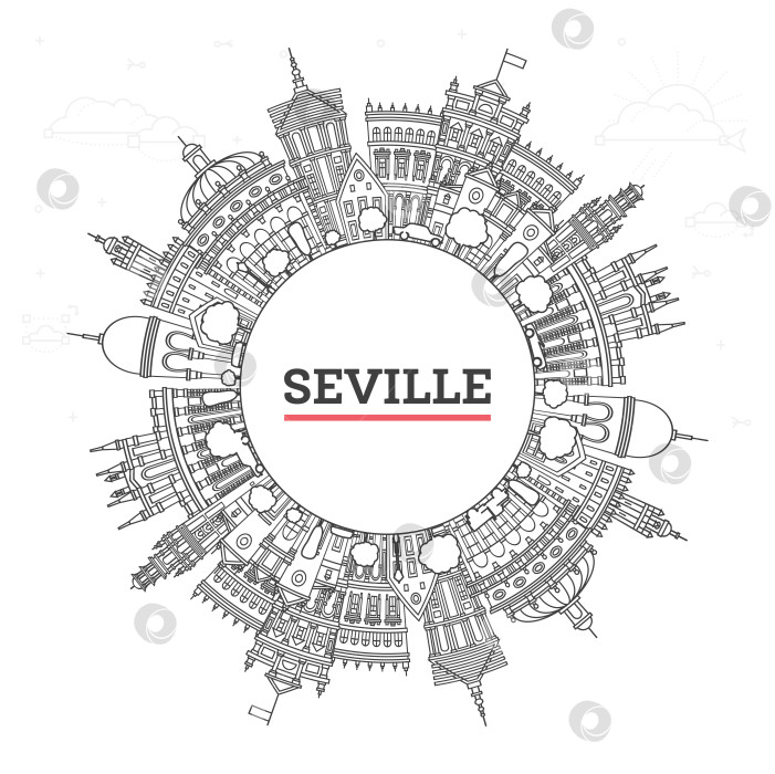 Скачать Обрисуйте горизонт испанского города Севилья с историческими зданиями и скопируйте пространство, выделенное белым цветом. Иллюстрация. Городской пейзаж Севильи с достопримечательностями. фотосток Ozero