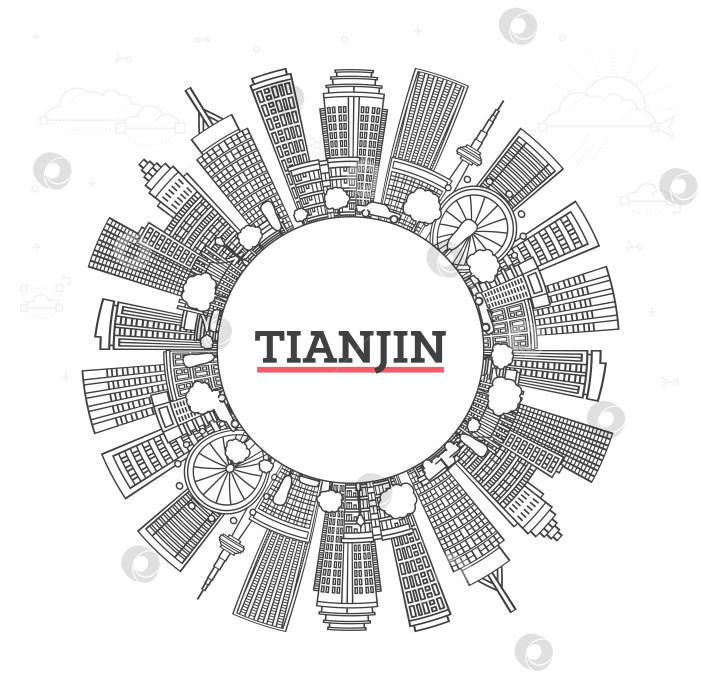 Скачать Обрисуйте горизонт китайского города Тяньцзинь с современными зданиями и скопируйте пространство, выделенное белым цветом. Иллюстрация. Городской пейзаж Тяньцзиня с достопримечательностями. фотосток Ozero