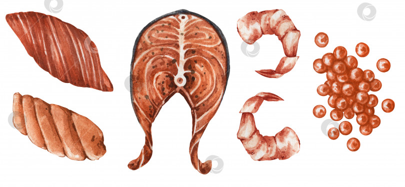 Скачать Набор морепродуктов, расписанный акварелью. Стейк из красной рыбы, икра, ломтик рыбы, креветки. Подходит для меню ресторанов, кафе. Принты, наклейки и т.д. Здоровая полезная пища фотосток Ozero