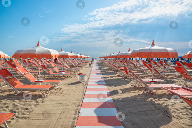 Скачать Пляжная сцена с шезлонгами и зонтиками в течение дня у береговой линии. фотосток Ozero