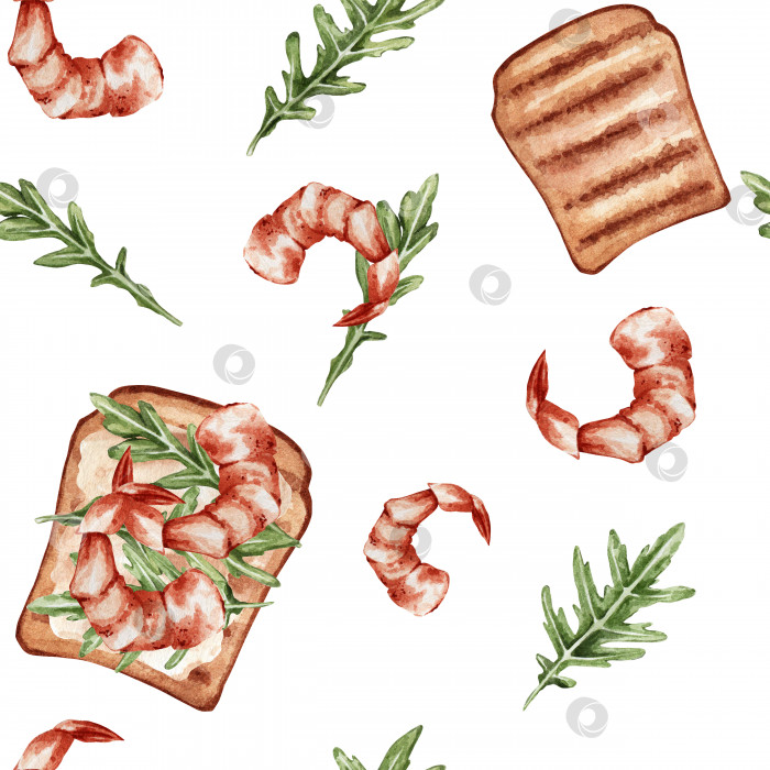 Скачать Бесшовный узор с морепродуктами на белом фоне. Подайте с бутербродами с креветками и рукколой. Подходит для обоев, принтов, тканей и т.д. фотосток Ozero