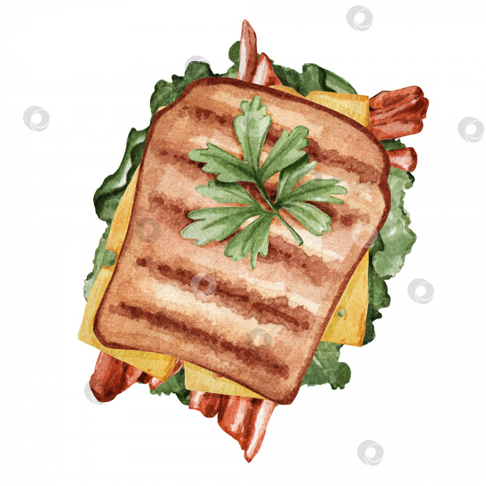 Скачать Поджаренные тосты с беконом, сыром и зеленью. Акварельная иллюстрация быстрого завтрака. Подходит для оформления меню ресторанов, баров и т.д фотосток Ozero