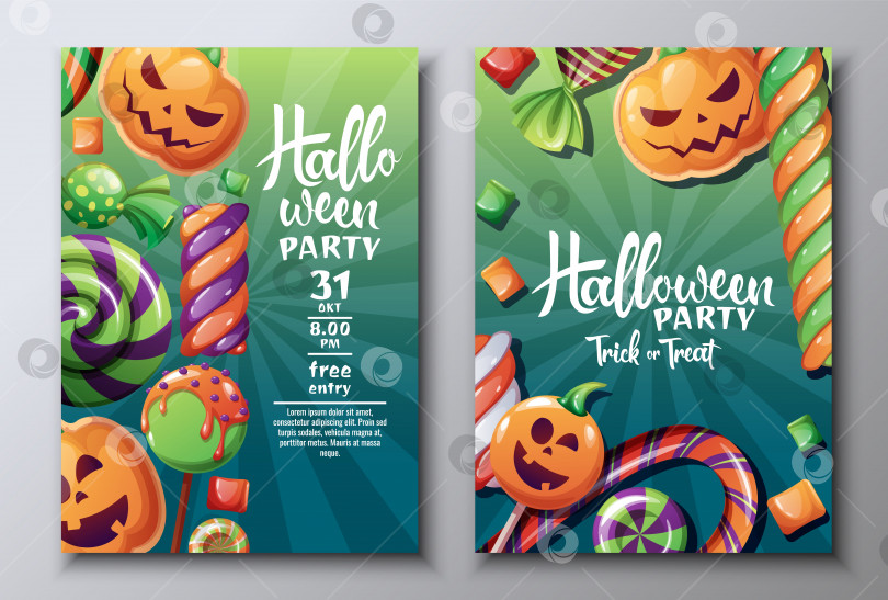 Скачать Векторный набор приглашений на вечеринку в честь Хэллоуина или поздравительных открыток с конфетами, тыквенным печеньем фотосток Ozero