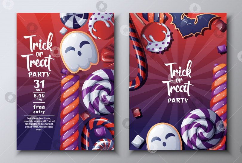 Скачать Векторный набор приглашений на вечеринку в честь Хэллоуина или поздравительных открыток с конфетами, леденцами на палочке.Печенье с привидениями и летучими мышами. фотосток Ozero