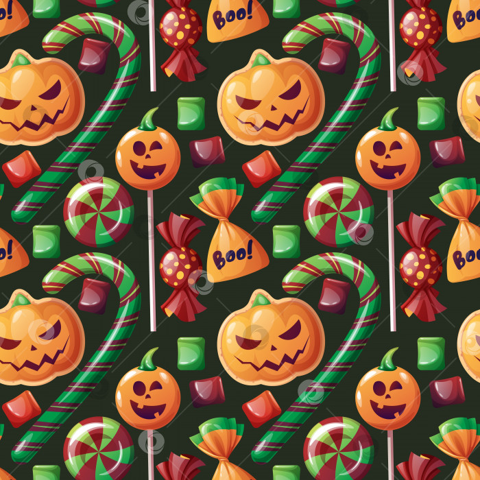 Скачать Бесшовный узор со сладостями для Хэллоуина на темном фоне. Печенье в виде тыквы, конфет, леденца на палочке, зефира. Кошелек или жизнь. Праздничная текстура отлично подходит для оберточной бумаги, обоев, ткани. фотосток Ozero