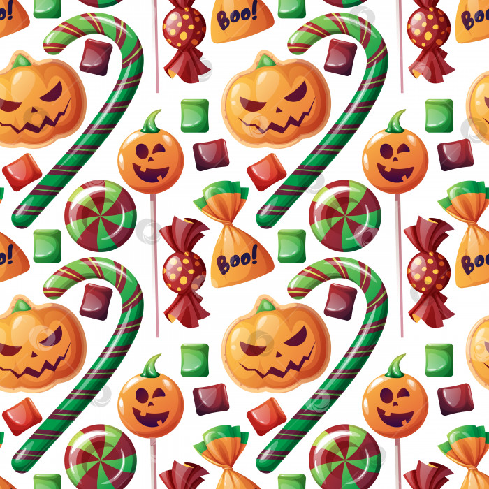 Скачать Бесшовный узор со сладостями для Хэллоуина на белом фоне. Печенье в виде тыквы, конфет, леденца на палочке, зефира. Кошелек или жизнь. Праздничная текстура отлично подходит для оберточной бумаги, обоев, ткани. фотосток Ozero