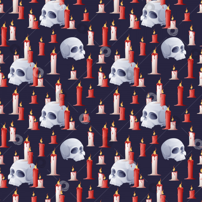 Скачать Бесшовный узор для Хэллоуина с черепом и свечами на темном фоне. Подходит для оберточной бумаги, обоев, текстиля. фотосток Ozero