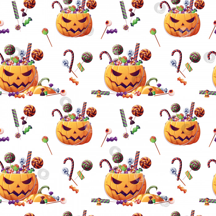 Скачать Бесшовный узор со сладостями для Хэллоуина и тыквой на белом фоне. Кошелек или жизнь. Бесшовная текстура для упаковки, текстиля, обоев и т.д. фотосток Ozero