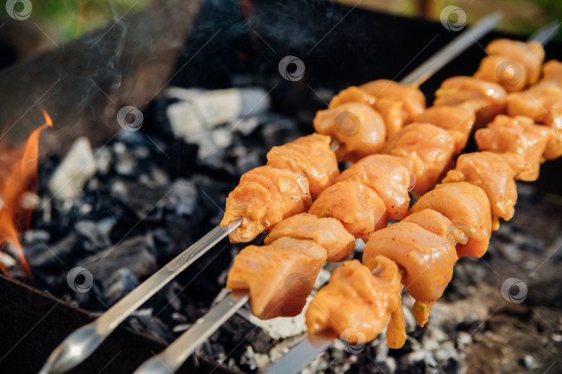 Скачать Свежее мясо для шашлыка, обжаренное на огне. Выбор блюд. Приготовление шашлыка на мангале с дымком. Пикник на природе. Здоровая пища и правильное питание. фотосток Ozero
