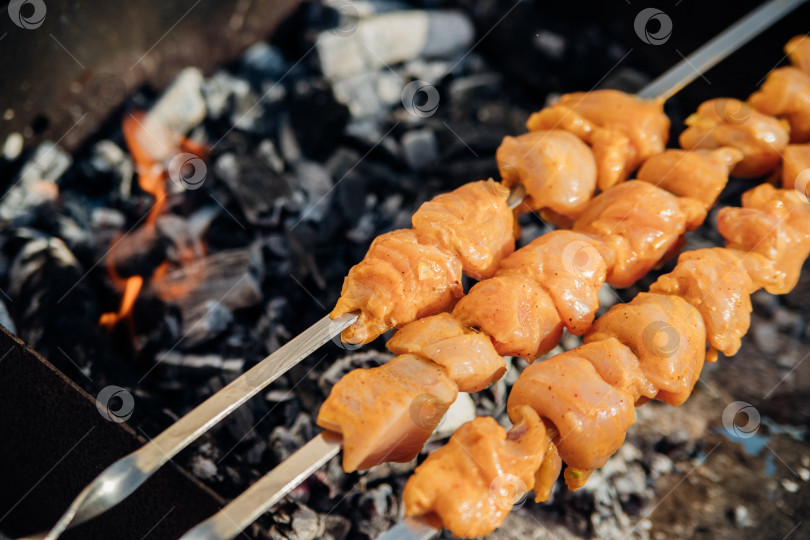 Скачать Свежее мясо для шашлыка, обжаренное на огне. Выбор блюд. Приготовление шашлыка на мангале с дымком. Пикник на природе. Здоровая пища и правильное питание. фотосток Ozero