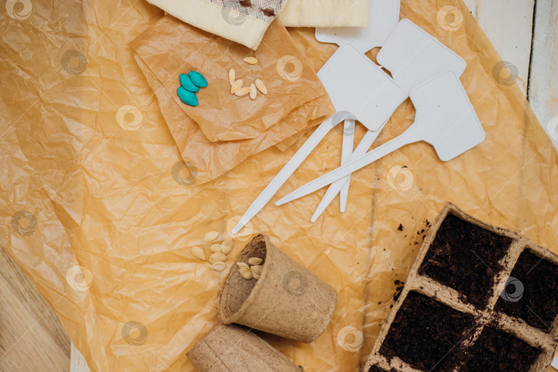 Скачать Вид сверху на семена и ячейки с почвой на деревянном фоне. Выращивание рассады в торфяных стаканчиках. Концепция весеннего озеленения дома. фотосток Ozero