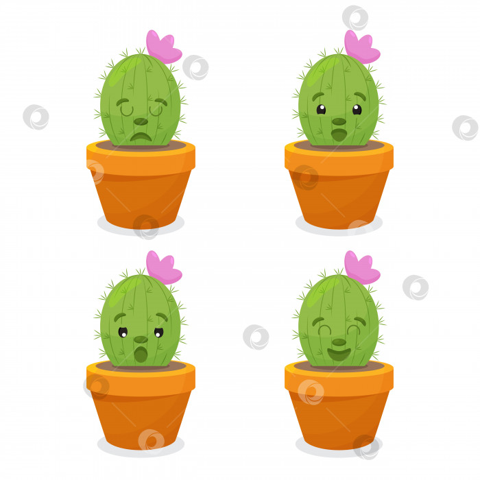 Скачать набор иллюстраций милого мультяшного кактуса с забавными рожицами в горшках и с растениями. может использоваться для открыток, приглашений или подобных наклеек фотосток Ozero