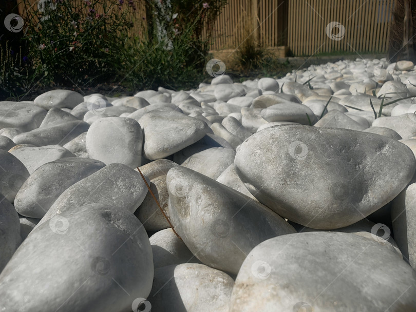 Скачать с. Абрау-Дюрсо, Краснодарский край, август 2025 г. Отсыпка из светлой гальки крупным планом с забором на заднем фоне фотосток Ozero