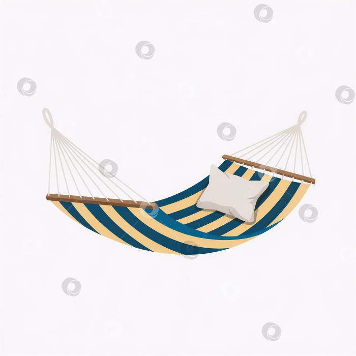 Скачать Подвесной гамак в сине-желтую полоску с белой подушкой в мультяшном стиле для отдыха на природе с пробелом для копирования фотосток Ozero