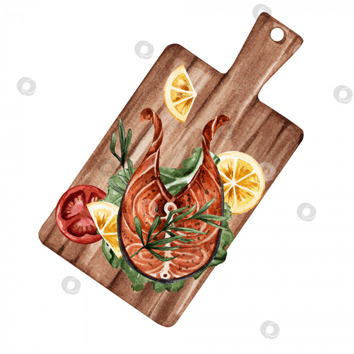 Скачать Акварельная иллюстрация рыбного стейка с лимоном, помидорами и зеленью. Полезный ужин для здорового питания. Прекрасная еда. Ресторанное блюдо. Подходит для оформления ресторанов, кафе, меню и т.д. фотосток Ozero