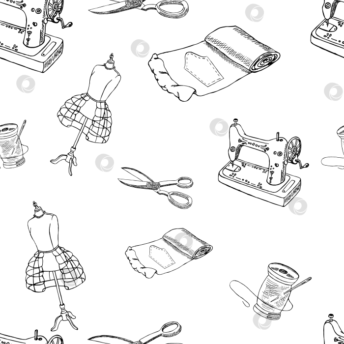 Скачать Бесшовный паттерн: швейная машинка, отрез (рулон) ткани, ножницы, катушка ниток, манекен фотосток Ozero
