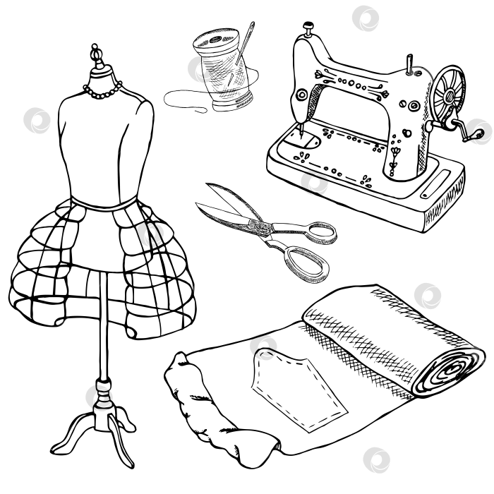 Скачать Набор - швейные аксессуары - швейная машинка, ножницы, манекен, катушка ниток, ткань - ателье фотосток Ozero