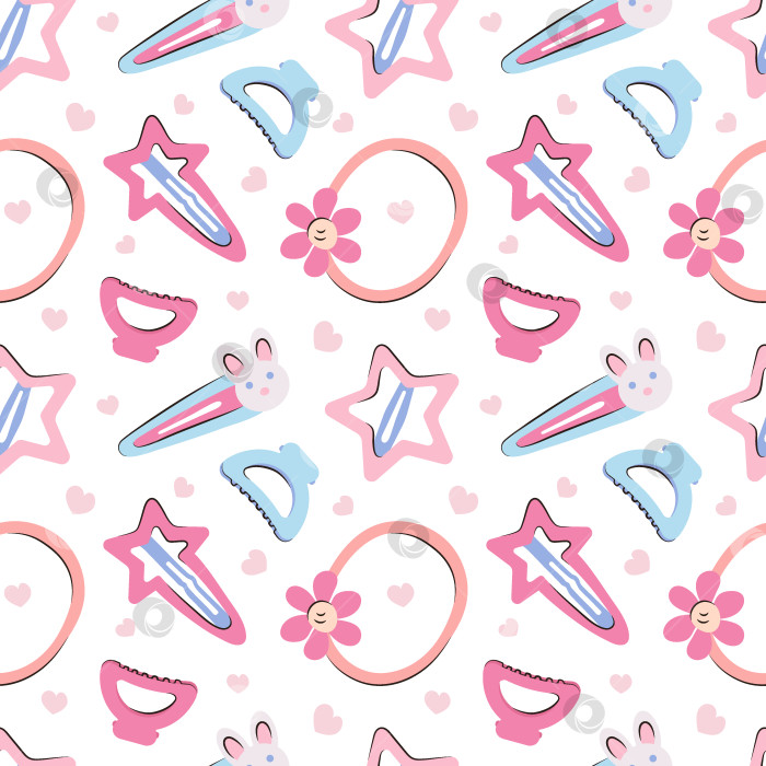 Скачать Бесшовный узор с заколками для волос, когтеточкой, резиночкой для волос, заколкой для волос. Модные аксессуары для головы в кавайном стиле фотосток Ozero