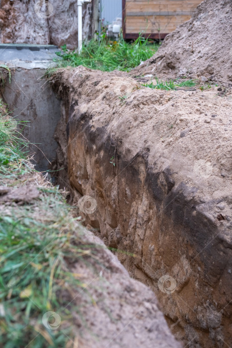 Скачать Выкопанная траншея, изолированный водопровод, наружные земляные работы, прокладка труб, инженерный канал, земляные работы, теплопровод, ремонт участка, подготовка к монтажу систем водоснабжения. фотосток Ozero