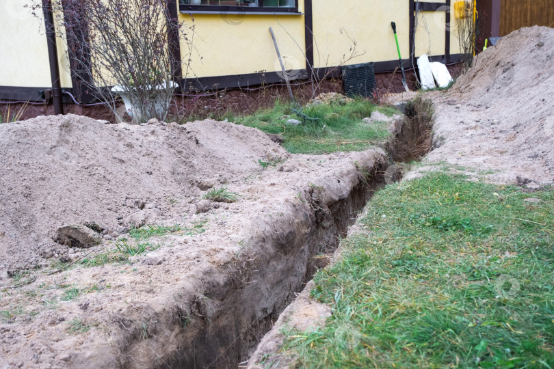 Скачать Готовая траншея для прокладки водопроводных труб, изоляция трубопроводов, фундамент, покрытие, обратная засыпка, инженерный канал, сантехника для дома, установка, техническое обслуживание, земляные работы. фотосток Ozero