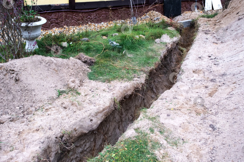 Скачать Грунтовая траншея для изолированных водопроводных труб, водоснабжения, строительно-монтажных работ, покрытия, ремонтных работ, прокладки инженерных труб, благоустройства дома, технического обслуживания, основания. фотосток Ozero