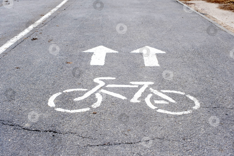 Скачать Белая разметка велосипедной дорожки и стрелки направления движения на асфальте, символ велосипедной дорожки, знак безопасности дорожного движения и регулирования дорожного движения. фотосток Ozero
