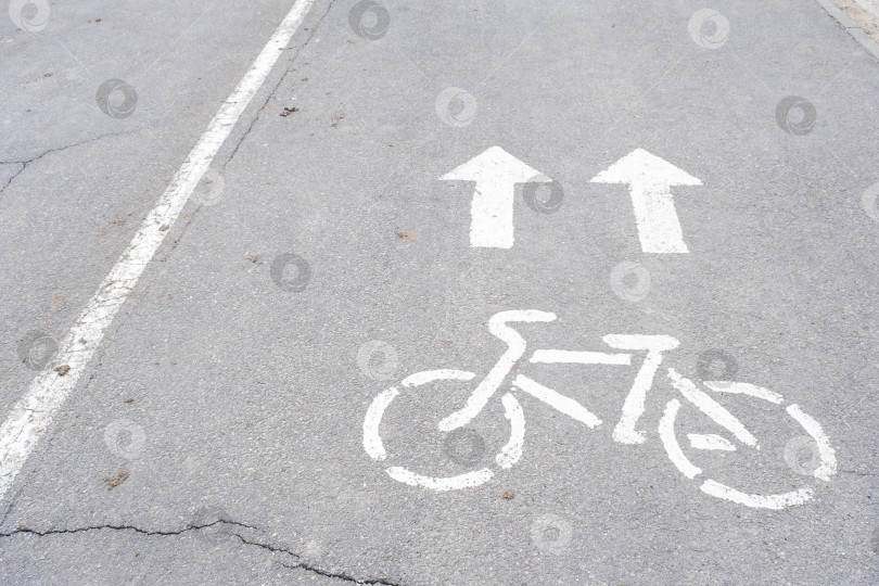Скачать Знак велосипедной дорожки и стрелки, нарисованные на городской дороге, безопасный маршрут для велосипедистов, городская дорожная разметка, соблюдение правил дорожного движения. фотосток Ozero