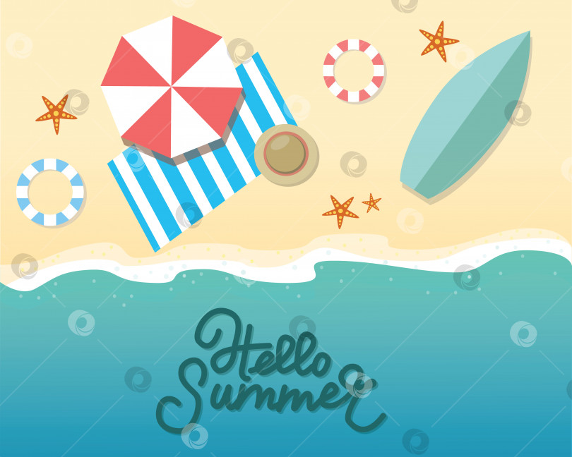Скачать Векторная иллюстрация концепции "Привет, лето". Вид сверху на пляж. Шаблон для плаката, баннера, открытки, флаера и т.д. векторная иллюстрация фотосток Ozero