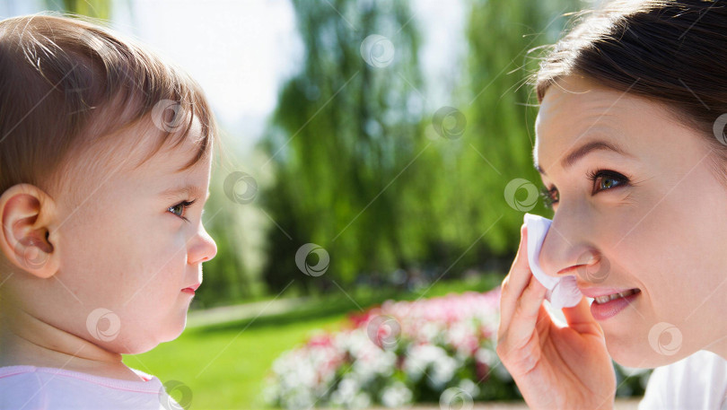 Скачать Мама с ребенком на руках вытирает нос салфеткой на фоне цветущей природы весной для темы аллергии и заботы фотосток Ozero