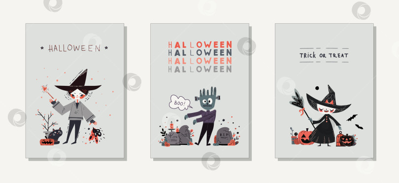 Скачать Набор плакатов для вечеринки в честь Хэллоуина с тыквами, ведьмой, зомби и волшебником. Векторные иллюстрации и милые персонажи. Поздравительные открытки, пригласительные листовки, плакаты для вечеринок. фотосток Ozero