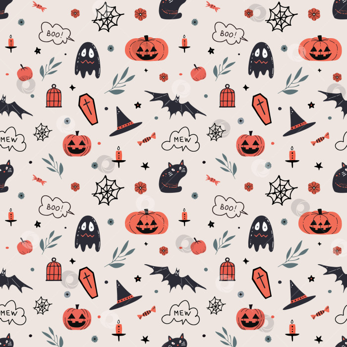 Скачать Бесшовный узор на Хэллоуин. Векторная иллюстрация вечеринки на Хэллоуин. Паук, призрак, летучая мышь, черный кот и тыквы. Бесшовный узор из векторного мультфильма. Узор для обоев, текстиля, печати. фотосток Ozero