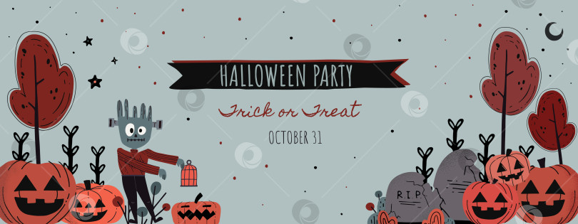 Скачать Баннер с надписью "Счастливый Хэллоуин" или фон для приглашения на вечеринку с облаками, летучими мышами и тыквами в стиле вырезания из бумаги. Векторная иллюстрация. Полная луна в оранжевом небе, паутина и ведьмин котел. Место для текста фотосток Ozero