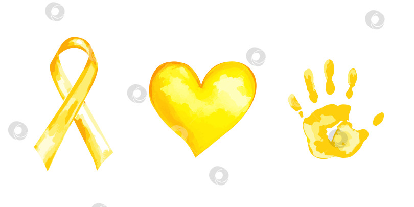 Скачать Золотая или желтая лента на белом фоне, сердце и след детской руки на белом фоне. Векторный шаблон в акварельном стиле для международного месяца информирования о детском раке, надежды и веры фотосток Ozero