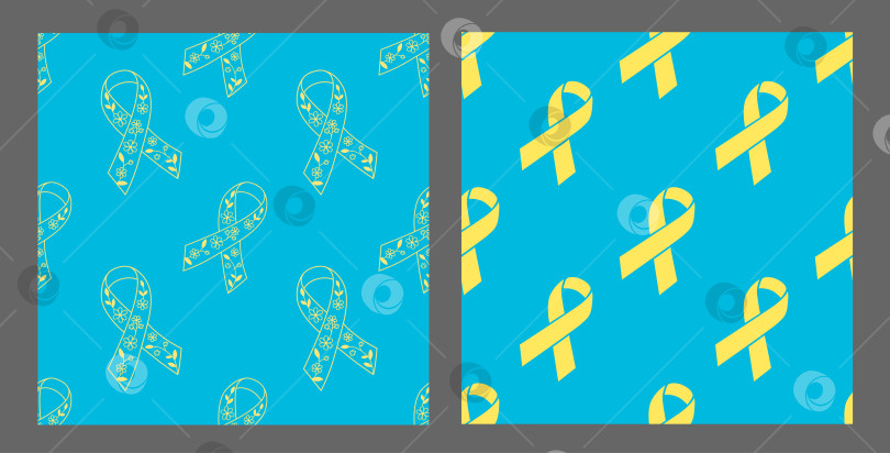 Скачать Бесшовный узор с золотой или желтой лентой на синем фоне. Набор векторов с символом международного месяца информирования о детском раке и раке костей для печати, ткани и упаковки фотосток Ozero