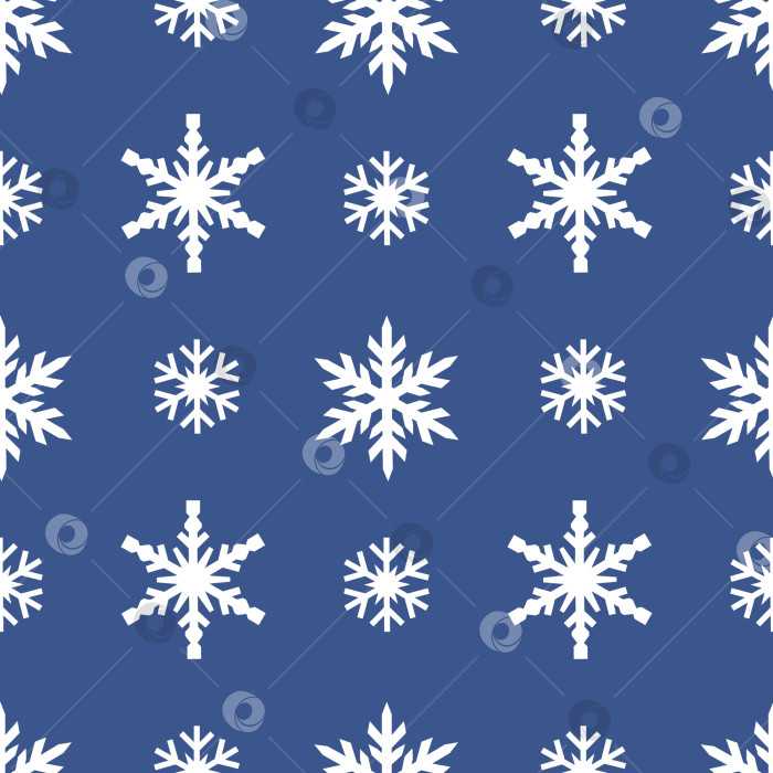 Скачать Бесшовный зимний узор с белыми снежинками на синем фоне. Сезон рождественских и новогодних праздников. Векторная иллюстрация для поздравительной открытки, баннера, ткани, текстиля, бумаги, печати фотосток Ozero