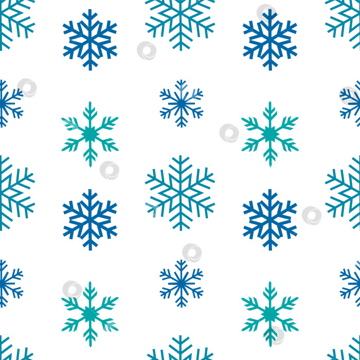 Скачать Бесшовный узор с синими и зелеными снежинками на белом фоне, концепция зимней природы. Векторная иллюстрация для поздравительной открытки, принта на ткани или текстильного дизайна, сезонного украшения на зиму. фотосток Ozero