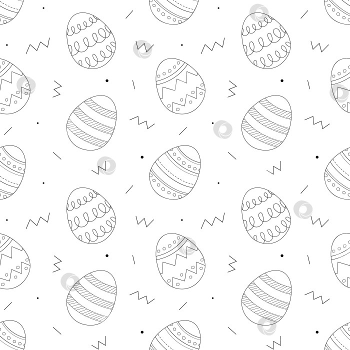 Скачать Бесшовный узор с украшенным пасхальным яйцом. Черно-белый рисунок на фоне каракулей от руки. Текстильный принт для религиозных праздников, повторяющиеся обои, дизайн оберточной бумаги, концепция празднования. фотосток Ozero