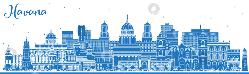 Скачать Очертите горизонт Гаваны на Кубе голубыми зданиями. Иллюстрация. Концепция деловых поездок и туризма с исторической и современной архитектурой. Городской пейзаж Гаваны с достопримечательностями. фотосток Ozero