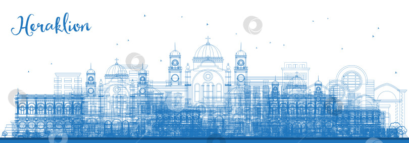 Скачать Очертите горизонт Ираклиона, Греция, Крит, с голубыми зданиями. Иллюстрация. Городской пейзаж Ираклиона с достопримечательностями. фотосток Ozero