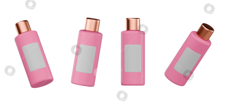 Скачать 3D-значок косметического флакона с розовым корпусом, металлической крышкой и пустой этикеткой, выполненный в чистом современном стиле фотосток Ozero