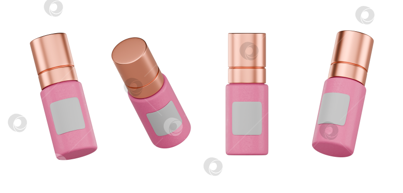 Скачать 3D-значок косметического флакона с розовым корпусом, металлической крышкой и пустой этикеткой, выполненный в чистом современном стиле фотосток Ozero