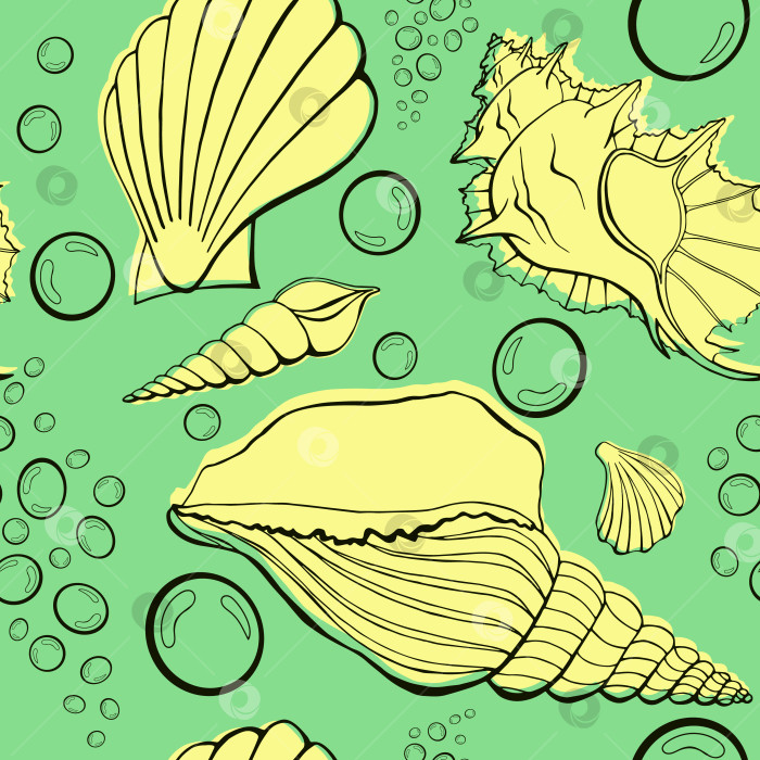 Скачать Современные плоские контуры морских раковин, бесшовные узоры в виде пузырьков для тканей, текстиля, одежды, интерьера, канцелярских принадлежностей, оберточной бумаги, скрапбукинга. Модная бесконечная текстура в морском стиле. Экзотические контуры океанских раковин фотосток Ozero