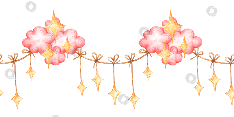 Скачать Розовые облака, гирлянда из звездочек, бесшовный узор акварелью фотосток Ozero