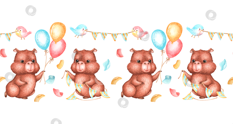 Скачать Подготовка капибары ко дню рождения бесшовным рисунком акварелью фотосток Ozero