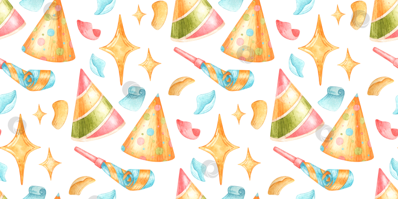 Скачать Головные уборы для вечеринок рожки конфетти с бесшовным рисунком акварелью фотосток Ozero