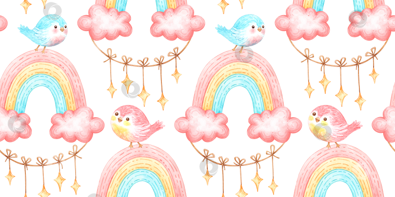Скачать Радужные облака звезды птицы бесшовный узор акварелью фотосток Ozero