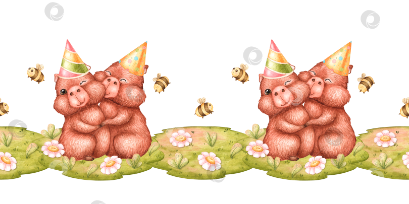 Скачать День рождения капибары на лугу с бесшовным рисунком акварелью фотосток Ozero